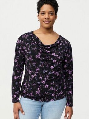 Torrid Black Floral Cowl Neck Long-Sleeve Top